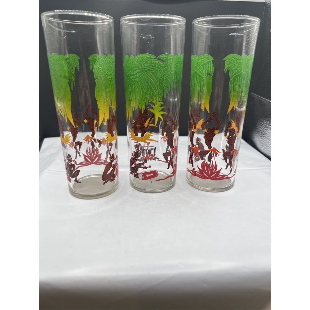Set of 3 Vintage Federal Glass MCM Dancing Natives Tiki Tom Collins Glasses 6.75